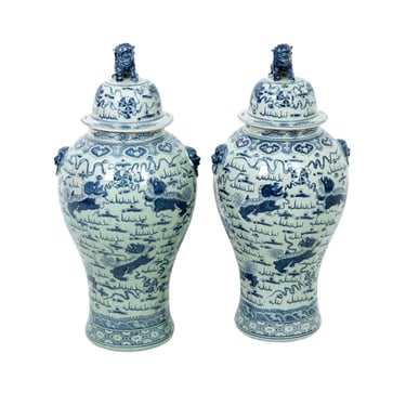 Pair of Chinese Blue and White Porcelain Temple Jars