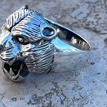 Vintage Sterling Silver Tiger Big Cat with Mouth Open Ring - Size 11 