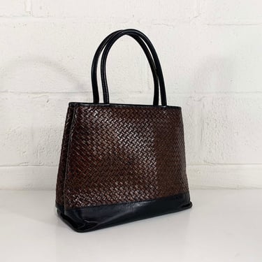 Vintage Talbots Brown Black Leather Bag Woven Italian Italy Shoulder Purse Tote 1990s 90s 