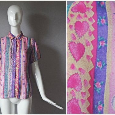 vtg 80s Penny Arcade pink + purple abstract heart print Silk button down blouse top | 1980s shirt | size Medium 10 12 stars moon stripes 