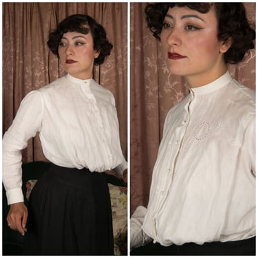 Victorian Blouse -  Authentic Antique c. 1890s Linen Blouse with Eyelets and Detachable Collar 