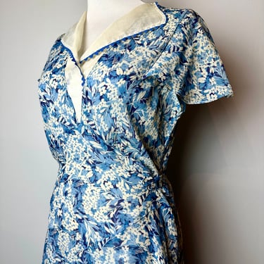 20’s-30’s  sheer cotton floral dress~ blue & white fluttery bias cut flower print Rare 1920’s Art deco Great Gatsby style/ size Med 38” Bust 