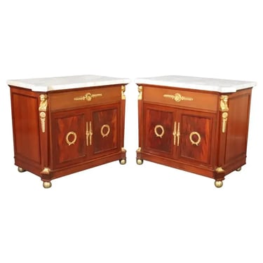 Rare Pair Marble Top French Empire Nightstands with Bronze Caryatids