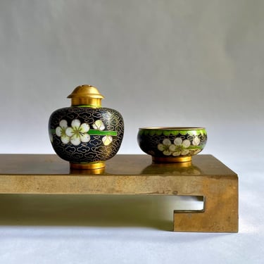 Vintage Cloisonne Enamel Salt Cellar and Pepper Shaker - White Plum Blossom on Black n Leaf Green, Individual Salt Pepper, Chinoiserie Asian 