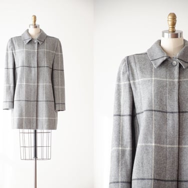 gray wool coat | 80s vintage Alorna light gray black plaid grid dark academia oversized wool jacket 