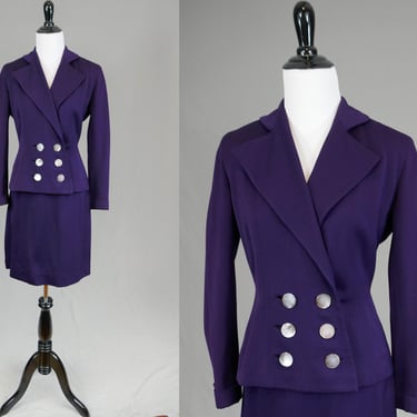 40s 50s Purple Skirt Suit - Double Breasted - Clingmor Original - Vintage 1940s 1950s - XS S 