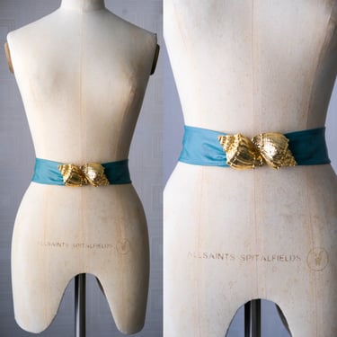 Vintage 80s Maureen Elaine Teal Green Leather Adjustable Belt w/ Gold Sea Shell Clip Buckle | 100% Genuine Leather | 1980s Designer Belt 