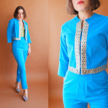 Vintage 60s Turquoise Velveteen Pant Suit/ 1960s Blue Cigarette Pants and Cropped Jacket/ Size Small 