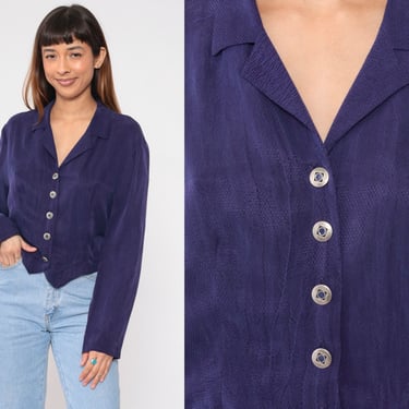 Embossed Purple Blouse 90s Button up Shirt Diamond Snakeskin Print Top Long Sleeve Retro Boho Collared Minimalist Vintage 1990s Large 12 