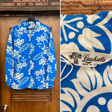 Vintage 1950’s “Lauhala” Atomic Floral Tiki Cotton Long Sleeve Loop Collar Hawaiian Shirt, 50’s Vintage Clothing 