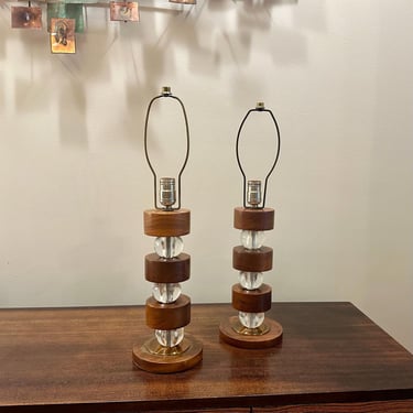 Pair of Mid-Century Modern Walnut and Lucite Table Lamps – 22” – Vintage Stacked Design - Free Shipping 
