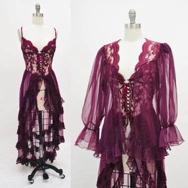 70s 80s Vintage Purple Burlesque Dancer Costume Lace Up Corset Peignoir Lace XS Nightgown Vintage Showgirl Boudoir Lingerie Wedding Shower 
