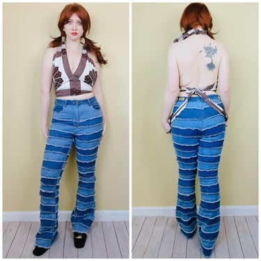 Y2K Vince Blue Frayed Striped Flared Pants / Vintage Cotton Denim Mid Rise Bell Bottoms / Waist: 30