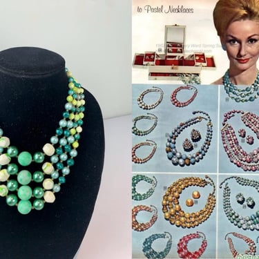 The Shades of the Tropics - Vintage 1950s 1960s Aqua Turquoise Chartreuse Pearl Bead 4 Strand Necklace 