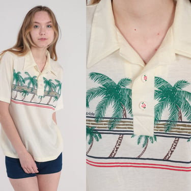 Palm Tree Polo Shirt 70s Tropical Collared T-Shirt Cream Button Up Short Sleeve Retro Beach Surfer Graphic Top Vintage 1970s Medium M 
