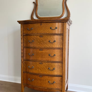 NEW - Antique Tiger Oak Five Drawer Dresser with Beveled Harp Swing Mirror, 1909 Furniture, Vintage Bedroom 