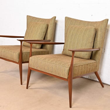 Paul McCobb for Directional Sculpted Walnut and Upholstered Lounge Chairs, Pair