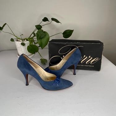 Spring Blues - Vintage 1950s Deep Sea Blue Suede Leather Heels Shoes - 8 1/2S 