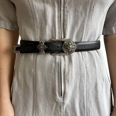 Vintage 90s Womens Brighton Black Leather Western Hippie Cowgirl Belt Sz M 