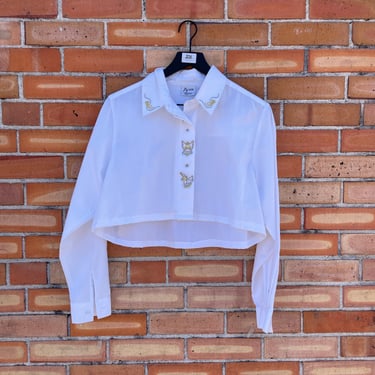 upcycled cropped white christmas angel button down / l xl extra large 