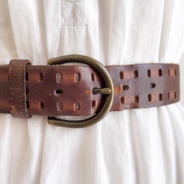 wide brown leather belt 80s 90s vintage notched statement belt 