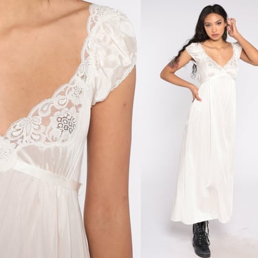 White Lingerie Nightgown Slip Dress 80s Cap Puff Sleeve Semi Sheer Bridal Nightgown Lace Maxi Vintage Empire Waist Romantic Bohemian Small S 