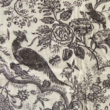 Vintage Bird Toile Belgian Linen Fabric Documentary Design 1.25 Yds 
