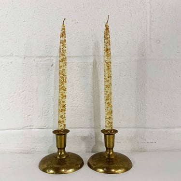 Vintage Brass Candle Holders Pair of Candlesticks Retro Etched Atomic Decor Mid-Century Hollywood Regency Candleholders Christmas 