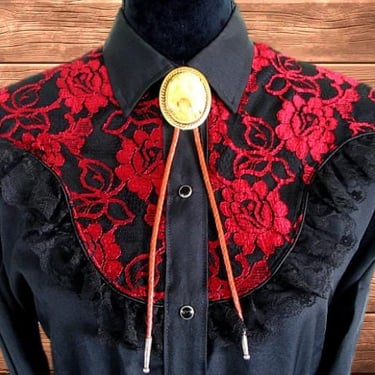 Miss Rodeo America Vintage Western Women's Cowgirl Shirt, Rodeo Blouse, Red & Black Lace Yokes, Approx. Medium (see meas. photo) 