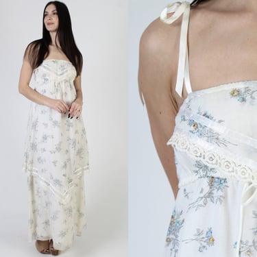 70s White Floral Summer Dress / Off The Shoulder Tie Straps / Floor Length Lace Prairie Gown / Womens Full Skirt Pull On Sundress 