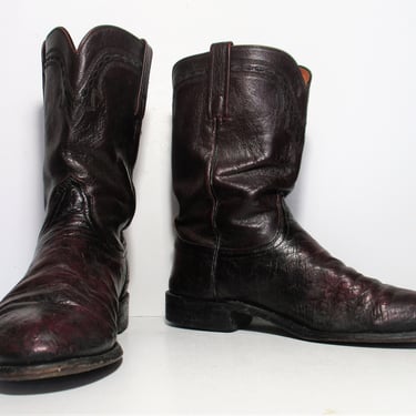 Vintage Lucchese 2000 Roper Cowboy Boots, size 8 1/2 EE Men, black cherry smooth quill ostrich leather 