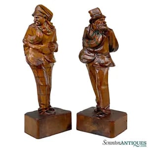 Vintage German Bavarian Wood Carved Figural Man Sculptures - A Pair