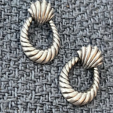 Vintage Sterling Earrings, Scallop Shape, Dangle Hoops, Silver Studs 