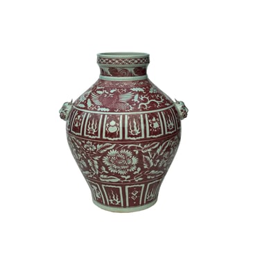 Vintage Copper Red Phoenix Flower Graphic Foo Dog Ear Ceramic Fat Pot Vase ws3521E 