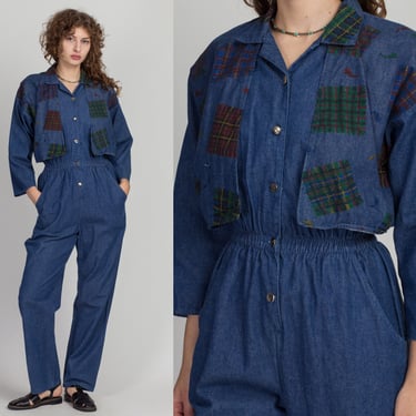 80s Button Up Denim & Plaid Jumpsuit - Small | Vintage Jean Fitted Waist Coverall Pantsuit 