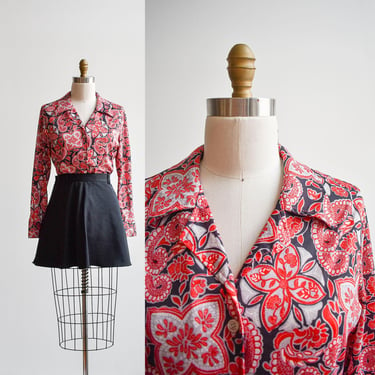 1970s Red & Black Floral Blouse 