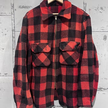 Vintage 1960s Buffalo Plaid Wool zip up Jacket shacket XL Flannel 