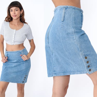 90s Jean Skirt Denim Pencil Mini Skirt Button Side Retro Blue High Waisted Rise Basic Plain Simple Miniskirt Boho Vintage 1990s Medium 