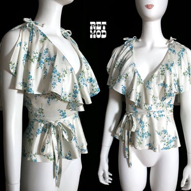 Absolutely Vintage 70s Dusty White & Blue Floral Ruffle Wrap Blouse 