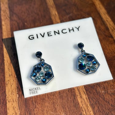 Vintage Givenchy Earrings Blue Swarovski Crystal New Old Stock NOS New With Tag Stud Dangle Drop 90s Jewelry 