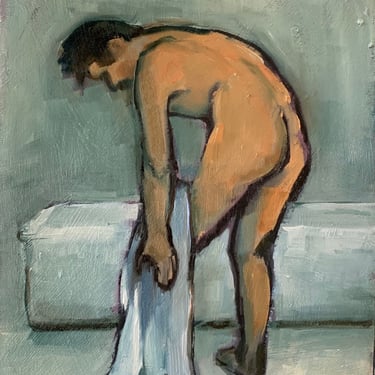 Original Oil Painting-Oil on Canvas-Nude Male Toweling off After the Bath-Nude-Angela Ooghe-Impressionist-Contemporary Wall Art 