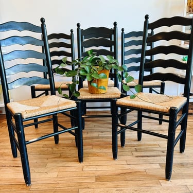 Set of 6 Black Ladder-back Dining Chairs with rush seats