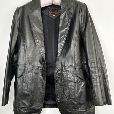 1970's Casablanca Black Leather Jacket Vintage Men's Size 42 Fight Club Blazer Hippie Disco Sport Coat Overcoat 