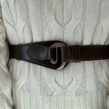 Vintage Womens Calderon Dark Brown 100% Leather Hook Buckle Waist Belt Sz M 