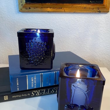 Vintage Cobalt Blue Votive Candle Holder Set of 2 | 2 Pressed Glass Blue Candle Holder | 2 Fruit Faced Blue Cube Votive Candle Holders 