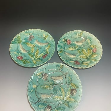 Antique France Majolica, Set of Three Turquoise Ceramic Plates Decorated with Birds and Leaves, Wall Hanging plates 