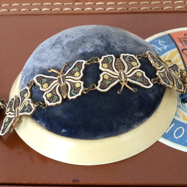 vintage 1930 40s butterfly bracelet • painted stamped brass novelty link bracelet 