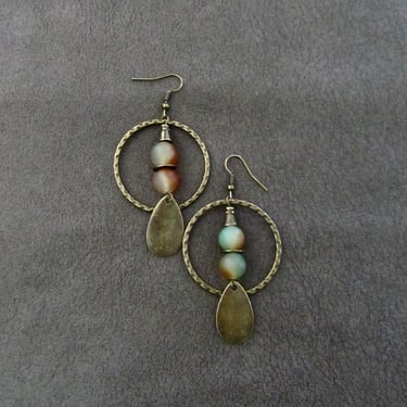 Hammered bronze earrings, hoop earrings, frosted glass earrings, industrial earrings, unique statement earrings, orange and green earrings 