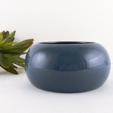 Vintage 80s Ceramic Round Planter Bowl, Blue Shallow Vase Bowl 