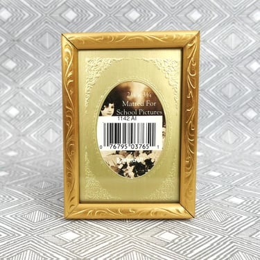 Vintage Small Picture Frame - Gold Tone Metal w/ Glass - Oval Mat - Holds 2 1/4" x 3 1/4" Wallet Size Photo - Tabletop - 2x3 Frame 